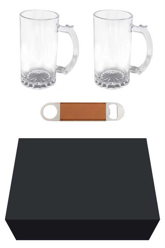 Beer Set w/ 2 - 14 oz. Mugs and Rawhide Leatherette Bottle Opener