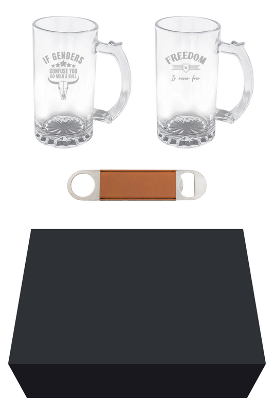 Beer Set w/ 2 - 14 oz. Mugs and Rawhide Leatherette Bottle Opener